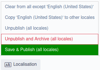 The "Localisation" action group, expanded to show all the actions available in it