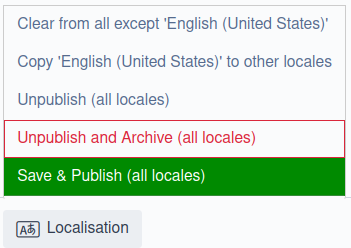 The "Localisation" action group, expanded to show all the actions available in it
